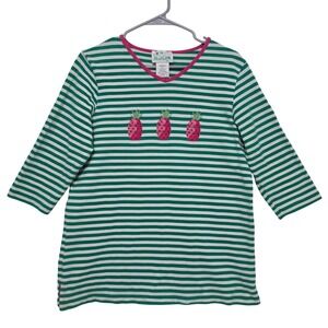 Quacker Factory Pink Sequin Pineapple Embroidered Striped Top Preppy Coastal Med